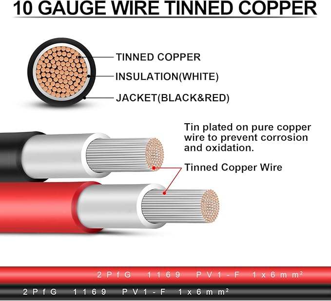 iGreely Solar Panel Extension Cable - 70 Feet 10AWG(6mm²) Solar Extension Cable with Female and Male Connector Solar Panel Wiring Wire Adapter (70FT Red + 70FT Black)