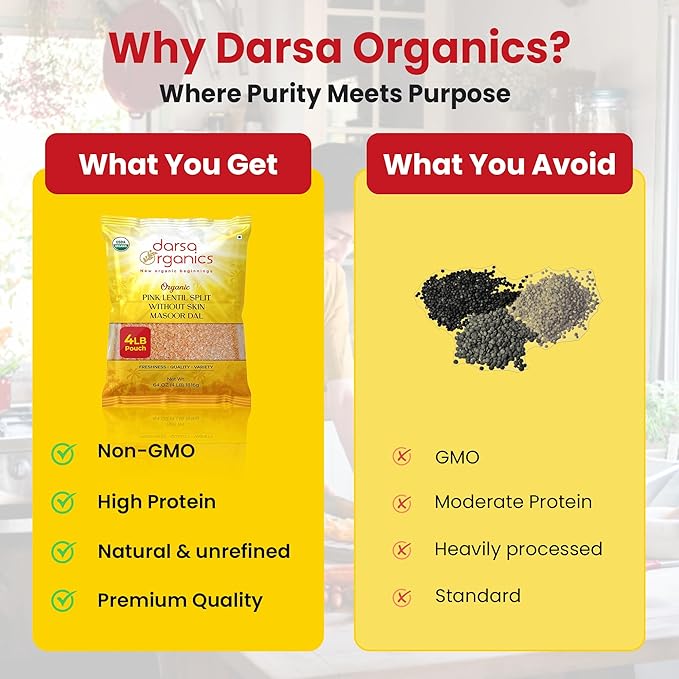 Darsa Organics Red Lentils Masoor Dal - 4 lb USDA Certified Organic, Non-GMO, Gluten-Free, Whole & Split Pink Lentils, Chemical-Free, Rich in Protein and Fiber, Easy to Cook