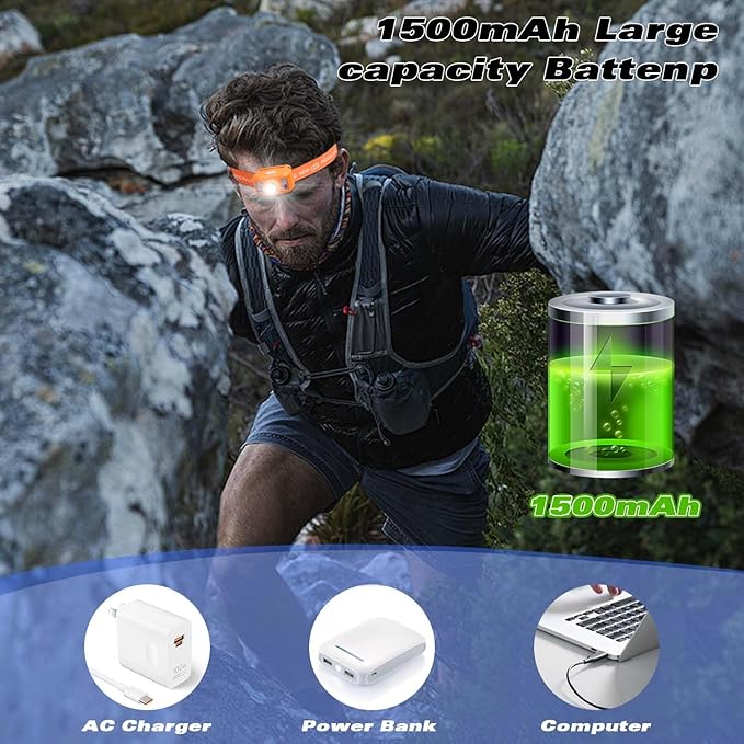 Rechargeable Headlamp Flashlight,Super Bright LED Head Torches,Sensor Control, 6 Light Settings, IPX5 Waterproof & Lightweight, Ideal for Camping, Running & Hiking Outdoor (2, Orange)