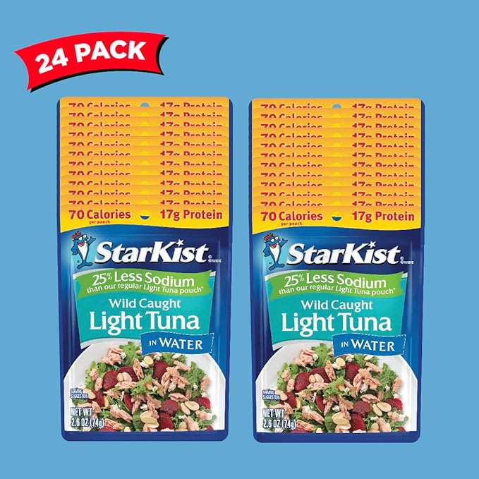 StarKist Reduced Sodium Chunk Light Tuna in Water, 2.6 oz Pouch (24 Pack) Ready to Eat Wild Caught Tuna, 17g Protein, Gluten Free, Soy Free, Kosher, Perfect for Salads, Keto Meals and Snacks