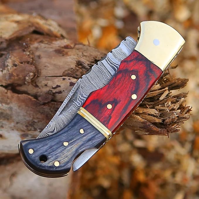 6.5 inch Damascus Pocket Knife with Sheath, Handmade Folding Pocket Knife for Men, Black-Red Wooden Handle with Brass Bolster, Secure Lock Back Camping Knife for EDC,Hunting,Hiking (Red)