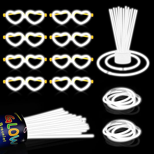 60 Pack 8??White Glow Sticks Bulk Bright Glow Sticks with 60 Connectors 20 Heart Glasses Glow In The Dark Party Supplies Neon Party Decorations Glow Bracelet Glasses for Carnival(White)