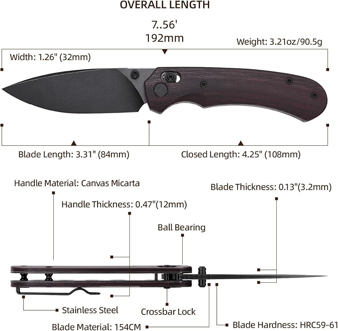 Folding Knife,Pocket Knife,3.31??154CM Blade,Erogonomic Canvas Micarta Handle,Survival Camping Knife with Pocket Clip,EDC Knife for Camping, Hunting, Hiking, Survival,Red