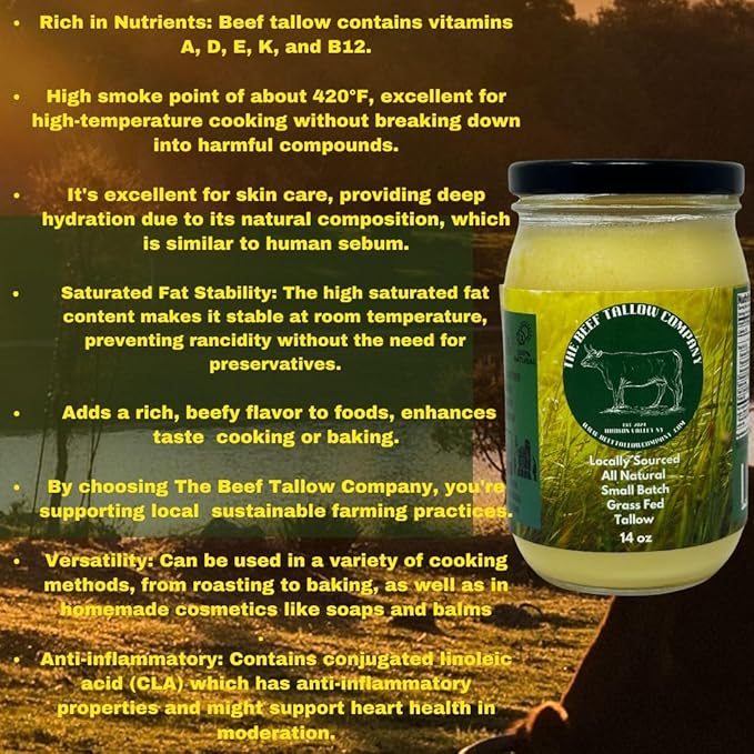 The Beef Tallow Company | 100% Small Batch Pasture Raised Beef Tallow | Glass Jar with saftey shrink seal| Locally Sourced and made in the Hudson Valley | All Natural Keto, Paleo friendly, No GMO (64 Fl Oz (Pack 1 of 1)) (64 oz)
