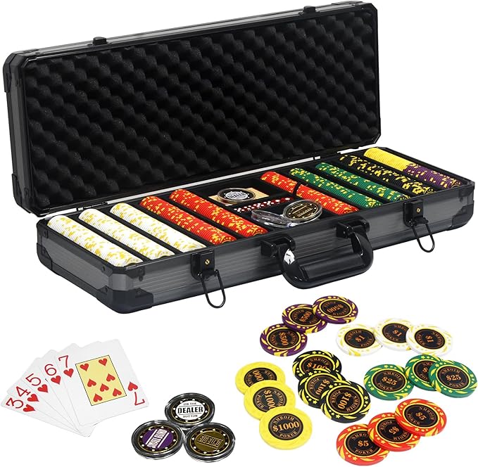 13.5 Gram Clay Poker Chip Set Texas Hold'em Casino Chips 2 Decks of Cards, Aluminum Case Dealer Buttons, for Blackjack Poker Games (500 PCE)