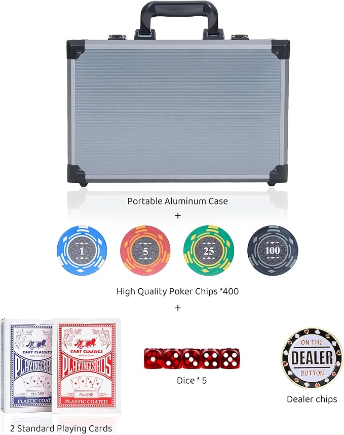 Poker Chips,400PCS 14 Gram Clay Poker Chip Set with Deluxe Travel Case, Numbered Chips,Poker Set for Texas Holdem Blackjack Gambling.
