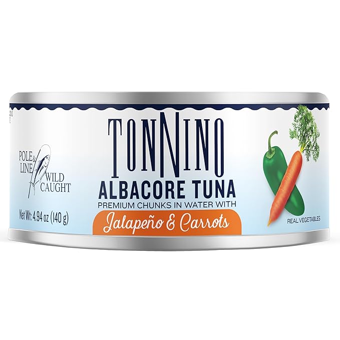 Tonnino Tuna Fish Albacore - Premium chunk in water with Jalapeño & Carrots ??Pack of 12 ??Alternative to Salmon ??Protein Snacks ??Ready to Eat Meals in can