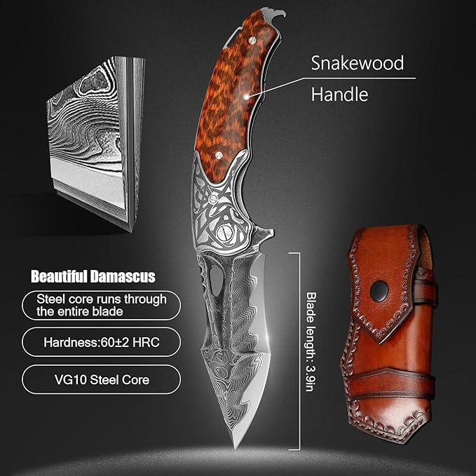 handmade damascus steel pocket folding knife, Snakewood handle with pocket clip and leather case, camping, climbing, fishing, EDC pocket knife