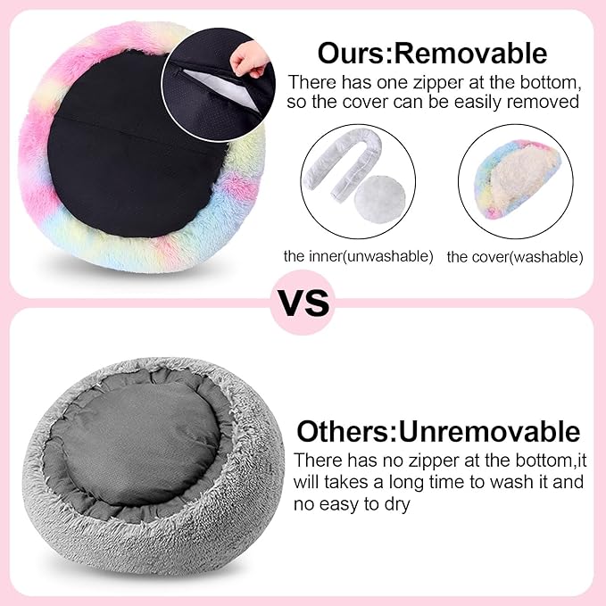 Calming Dog Beds & Cat Cave Bed with Hooded Cover,Removable Washable Round Beds for Small Medium Pets,Anti-Slip Faux Fur Fluffy Coved Bed for Improved Sleep,Fits up to 15/25 lbs(Colorful,M)