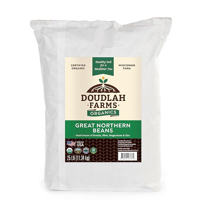 Organic Great Northern Beans 25lb Bulk by Doudlah Farms - Farmed From Regenerative Soil | Tested Clean Certified | Vegan, Non-GMO, Grown In USA - Fiber & Protein for Soups, Burritos, Salads, and Chili