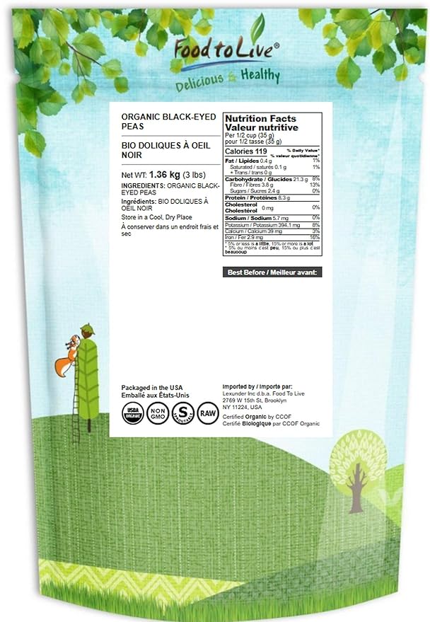 Food to Live Organic Black-Eyed Peas, 3 Pounds ??Raw Dried Cow Peas, Non-GMO, Bulk Beans, Product of the USA