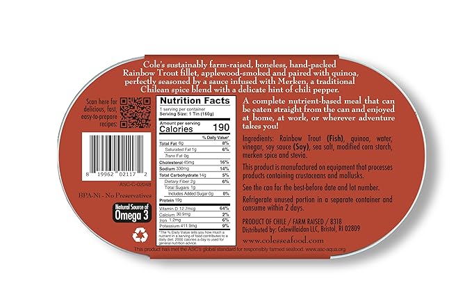 COLE’S - Smoked Rainbow Trout Fillet with Quinoa | Open & Ready to Eat Meal | 5.6 oz Canned & Hand-Packed | 19g Protein | High in Vitamin D | 6 pack