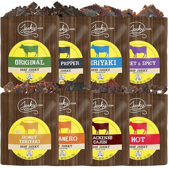 Jerky.com Beef Jerky Sampler - Featuring Original, Black Pepper, Teriyaki, Sweet & Spicy, Hot, Habanero, Blackened Cajun, Honey Teriyaki - Great Gift for Men (8 Flavors - 1 oz. bags))