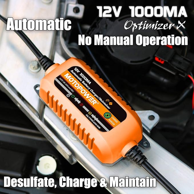 MOTOPOWER 12V 1000mA Automatic Charger - Battery Maintenance - Maintain Charger and Battery Desulfator with Timer Protection.