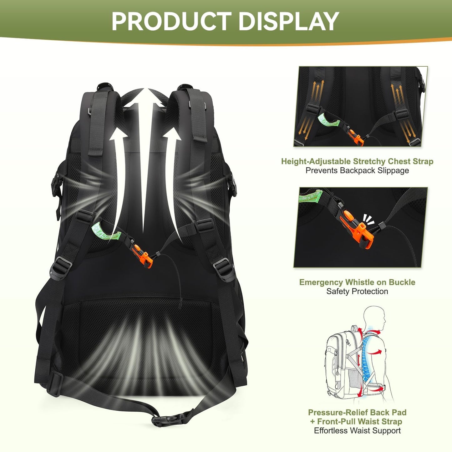 50L Hiking Backpack for Men Women, Waterproof Outdoor Daypack,Black