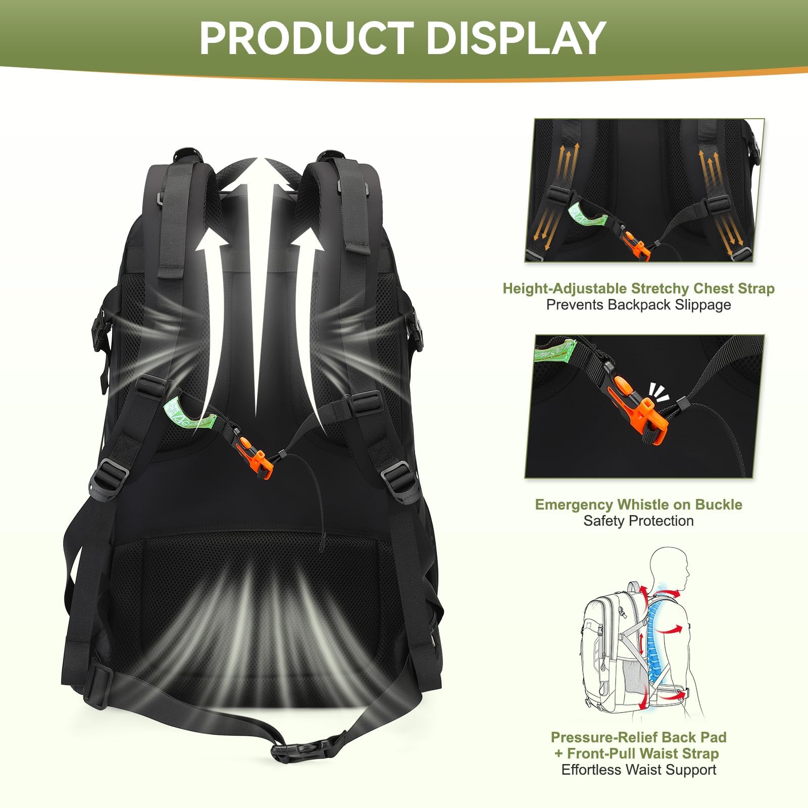 50L Hiking Backpack for Men Women, Waterproof Outdoor Daypack,Black