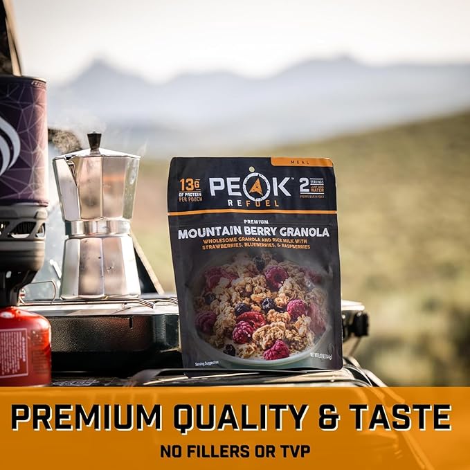 Peak Refuel Mountain Berry Granola 2-Pack | Freeze Dried Backpacking, Camping & Emergency Prep Food | 2 Servings Pouches | 2 Servings Per Pouch