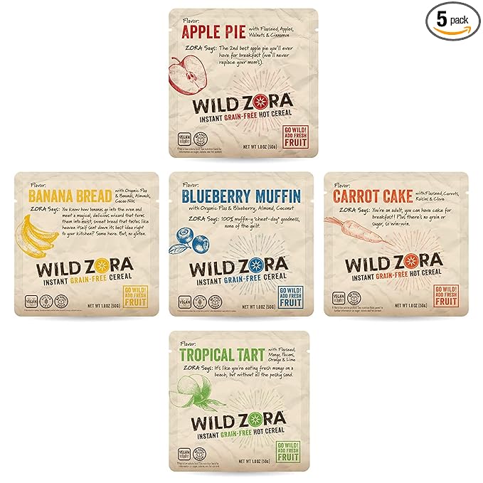 Wild Zora Instant Grain-Free Hot Cereal - Tasty Paleo Friendly Cereals, Instant Hot Meal, Breakfast to Go, Oatmeal Substitute, No Added Sugar, Grain, Dairy, or Soy, Gluten Free, 5-Pack Variety