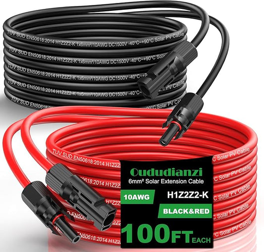 Oududianzi Solar Extension Cable 100Ft, Solar Wire 10AWG, Tinned Copper PV Cable 10Gauge, Solar Panel Wires and connectors for Home RV Boat Camping Off-Grid Solar System, Set of 2