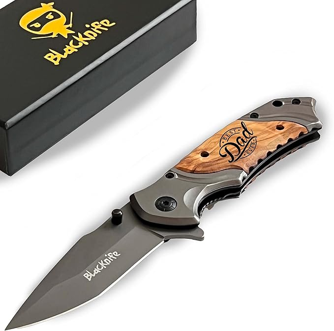 BlacKnife Gift For Dad Folding Pocket Knife with Wooden Handle and Clip, Pocket Knife For Men – Fathers Day Gift Ideal Knife for Camping, Hunting, DIY, Outdoor Gear (Best Dad Ever)
