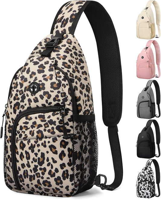 Large Leopard Waterproof Sling Bag Backpack with Adjustable Shoulder Strap for Women Men, Hiking Daypack with Multi-Pocket System and Comfortable Mesh Back Panel