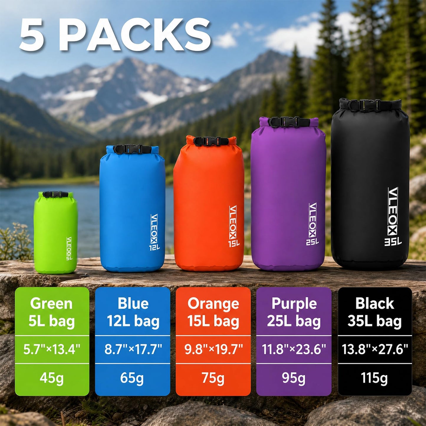 vleoX Dry Bag 3-Pack/5-Pack, Lightweight Dry Sack, Waterproof Bags