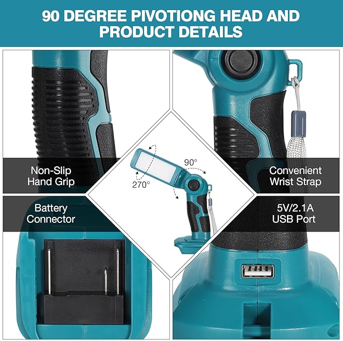 YEX-BUR 12W 1000LM LED Flashlight Work Light for Makita 18V Battery, Jobsite Handheld Spotlight Desk Lamp with 5V 2.1A USB Port, 90 Degree Pivoting Head