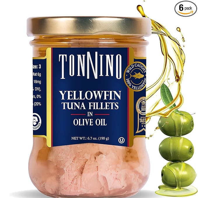 Tonnino Yellowfin Tuna Fish Premium - Olive Oil ??Pack of 6 ??Alternative to Salmon ??Protein Snacks ??Ready to Eat Meals in Glass Jar