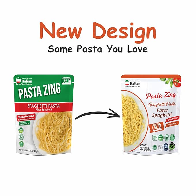 Pasta Zing Spaghetti Pasta Made with Italian Durum Wheat | Ready to Eat Meals in 60 seconds | Fully Cooked, Microwave Meals, Ready Pasta for Dinner, Easy Dinner Sides | Pack of 7, 7.05 Ounce