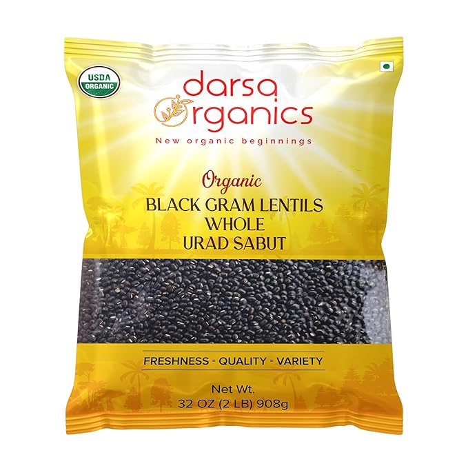 Darsa Organics Urad Whole Dal (Matpe Beans with Skin) 2lb, | USDA Organic, Non-GMO, Gluten-Free Dried Lentils, Kosher | Rich in Protein & Fiber