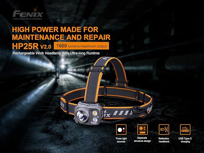 Fenix HP25R v2.0 Headlamp, 1600 Lumen Spotlight, 400 lumens Floodlight and Red Light, USB-C Rechargeable with LumenTac Organizer