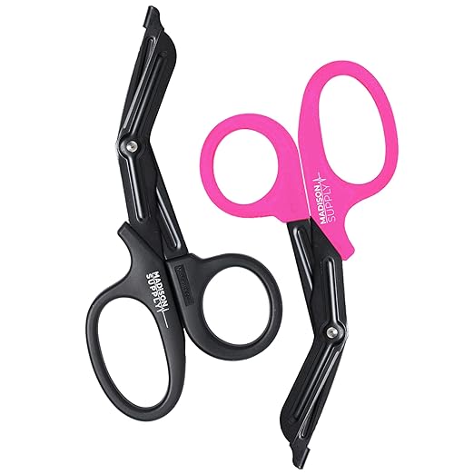 Madison Supply Medical Scissors, EMT and Trauma Shears - 7.5 Inch Quality Stainless Steel Bandage Scissors - Fluoride-Coated with Non-Stick Blades - 2 Pack (Black/Pink)