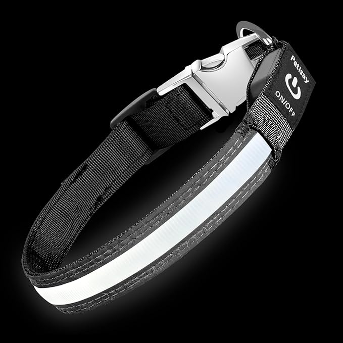 PetIsay LED Dog Collar Metal Buckle - Heavy Duty Light up Collars - Rechargeable IP68 Waterproof - Lighted Dog Collar for Night Walking, Hiking, Camping (Large, White)