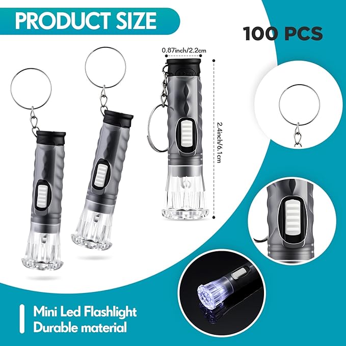 Jexine 100 Pcs Mini Flashlight Keychain Bulk Assorted Colors Torch Keyring Flashlights LED Small Keychain Light Hiking Camping Christmas Party Favors (Black)
