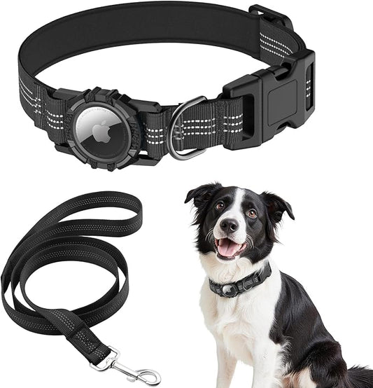 AirTag Dog Collar and Leash, IP68 Waterproof Integrated with Reflective, Ultra-Durable, Comfortable Padded, Heavy Duty Dog Collars for Small Medium Large Dogs, L (14.8"-20.3"), Black