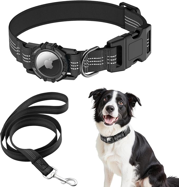 AirTag Dog Collar and Leash, IP68 Waterproof Integrated with Reflective, Ultra-Durable, Comfortable Padded, Heavy Duty Dog Collars for Small Medium Large Dogs, M (12.6"-17.1"), Black