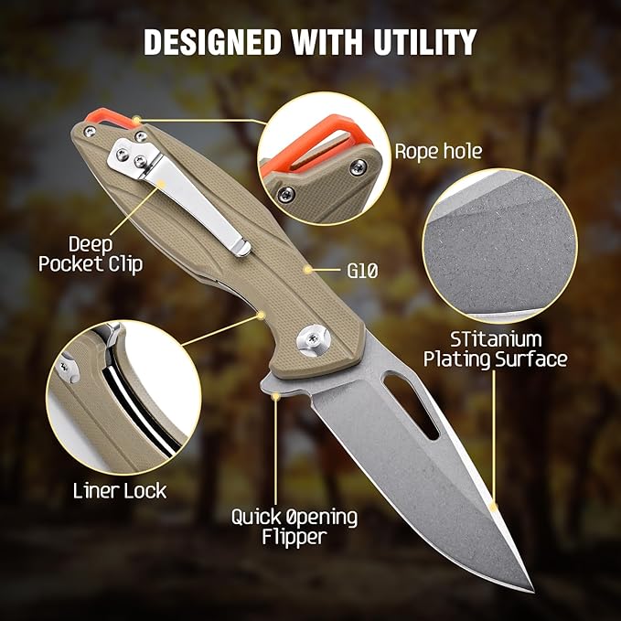 Folding Pocket Knife with D2 Steel Blade, G10 Handle, Black, 3.43 Inch EDC Knife, Pocket Clip for Camping, Survival, Hiking