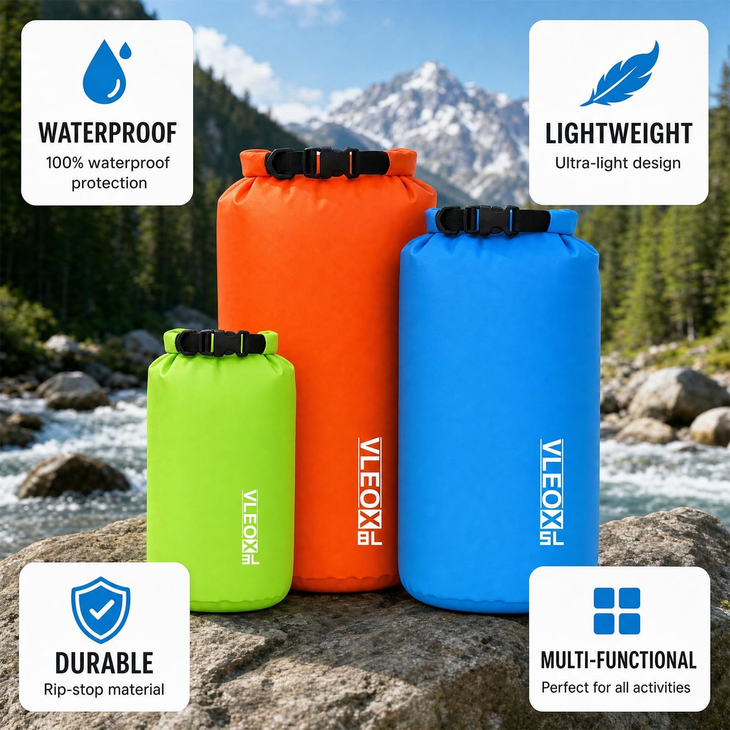 vleoX Dry Bag 3-Pack/5-Pack, Lightweight Dry Sack, Waterproof Bags