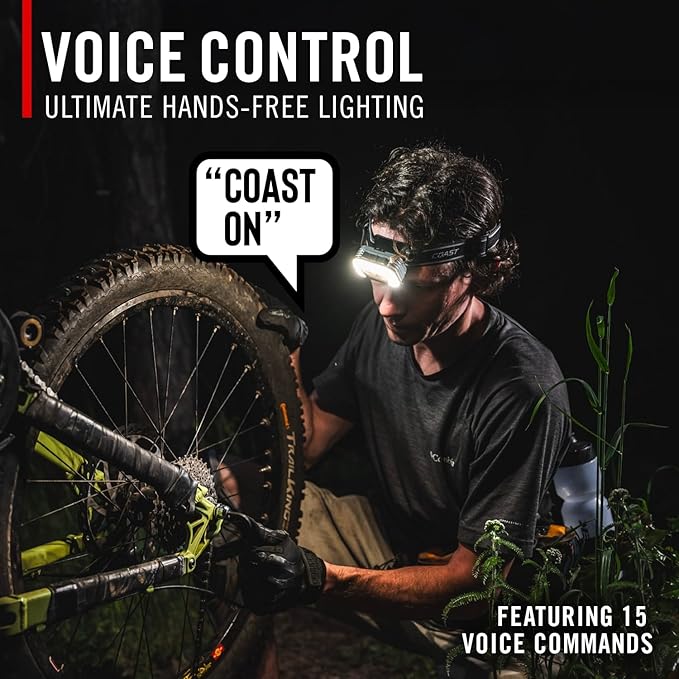 Coast RL35R Voice-Controlled 1100 Lumen Rechargeable LED Headlamp with ARC280??Lighting, 4 Color Modes, Rear-Facing Safety Signal, Variable Light Control and USB-C Charge Port