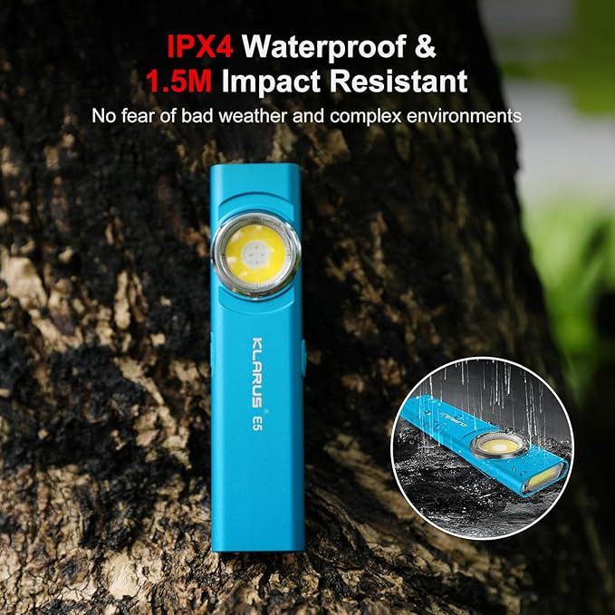 klarus E5 Pocket Flashlight, Rechargeable EDC Flashlight, Super Slim 4.2x1x0.3inch, 600 Lumens, USB-C Port, IPX4, Dual Light Source with Magnetic Base, Hat & Clothes Clip - Blue