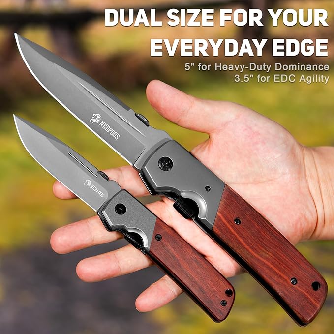 NedFoss DA52 Pocket Knife for Men, 3.5" Compact EDC Knife, Lightweight Camping Folding Knife with Clip, Rosewood Handle with Aluminium Bolster, Liner Lock