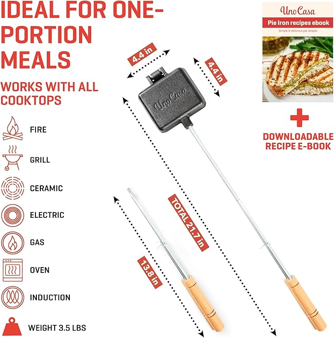 Uno Casa Pie Iron Sandwich Maker - Japanese Sandwich Maker with Recipe Book - Durable Campfire Cooking Equipment for Grilled Pies - Heavy Duty Cast Iron for Outdoor and Camping Adventures