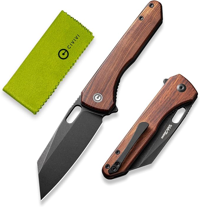 CIVIVI Nugz Folding Pocket Knife for EDC, 3.17" 14C28N Reverse Tanto Blade Wood Handle Flipper Knife for Ideal Gift to Men Women C23060-3 (Wood)