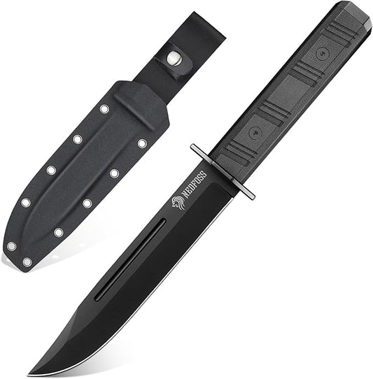 NedFoss BRAVE Fixed Blade Hunting Knife, 6.8" D2 Steel Blade Full Tang Camping Knife with Kydex Sheath, Black G10 Handle, Perfect Outdoor Gifts for Men Women