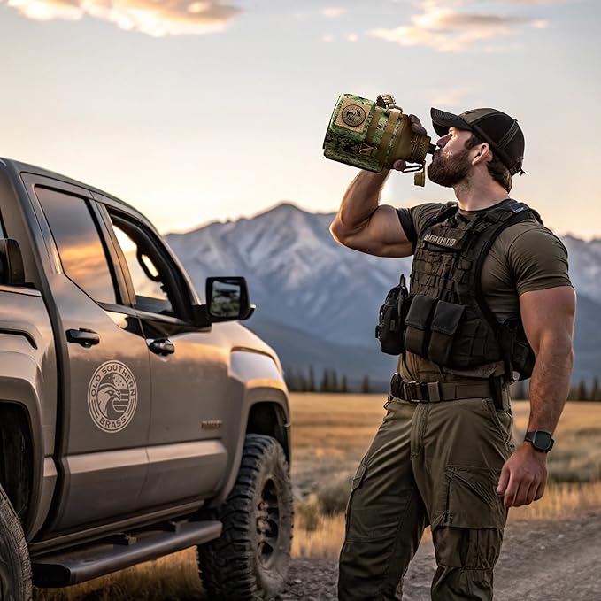 Combat Canteen - 64oz Insulated Water Bottle with Paracord Handle, Stainless Steel Water Jug with Rugged Pockets for Keys, Wallet & Phone - Green Digital