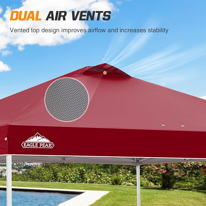 EAGLE PEAK Pop Up Canopy Tent with Wheeled Carry Bag, 8 Stakes, 4 Ropes, 4 Weight Bags, Easy Set Up Tent Canopy, 10x10 ft, 100sqft of Shade, Burgundy