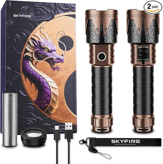 SKYFIRE Rechargeable Flashlights High Lumens 2 Pack with Ignition Lens,3000lm Mini Bright Tactical Torch with 6 Modes Waterproof Zoomable LED Flash Light for Camping Essentials Outdoor Home Emergency