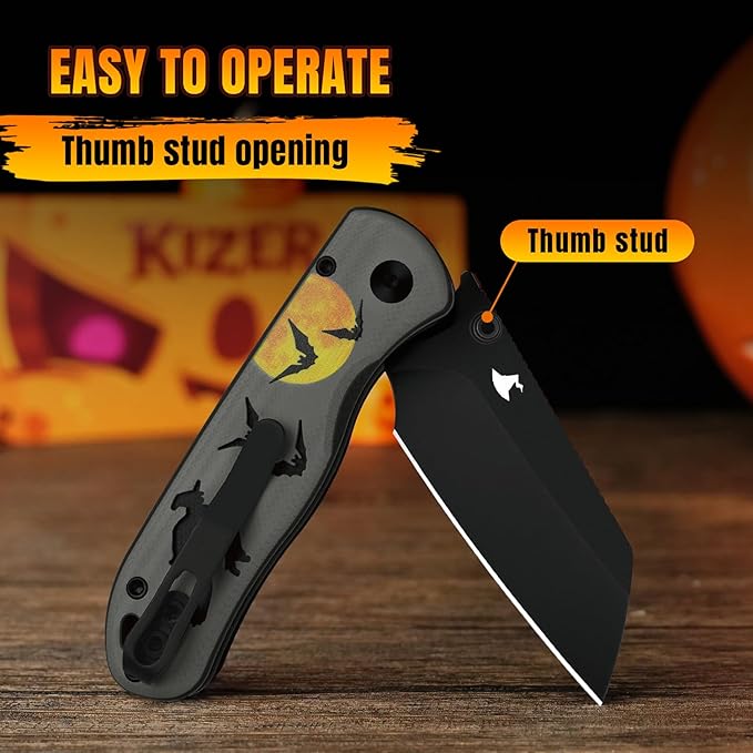 Kizer Drop Bear 2 Pocket Knife, 2.96" Nitro-V Sheepsfoot Blade Folding Knife with Gray & Black G10 Handle, Button Liner Lock EDC Knives for Men Women Gift Halloween Edition V3619.2CSHW1