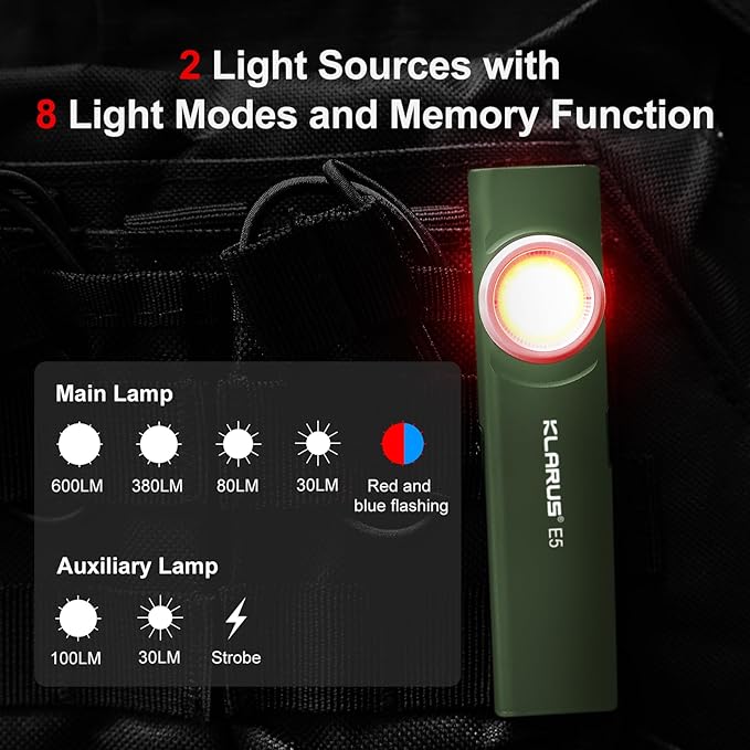 klarus E5 Pocket Flashlight, Rechargeable EDC Flashlight, Super Slim 4.2x1x0.3inch, 600 Lumens, USB-C Port, IPX4, Dual Light Source with Magnetic Base, Hat & Clothes Clip