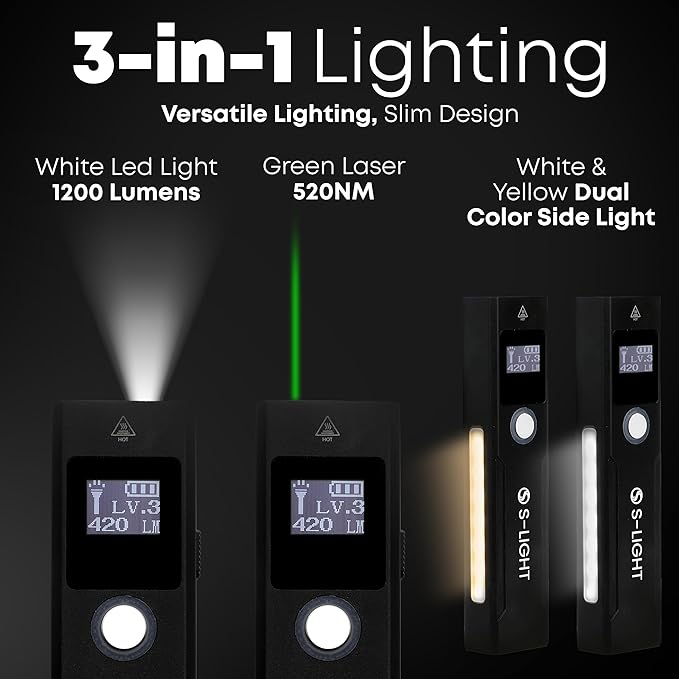 S Light Tactical Flashlights High Lumens Rechargeable - 1200LM Magnetic Base, Black, P100 LED, USB-C, Green Beam Laser, Dual Color Modes Rechargeable Flashlights High Lumens